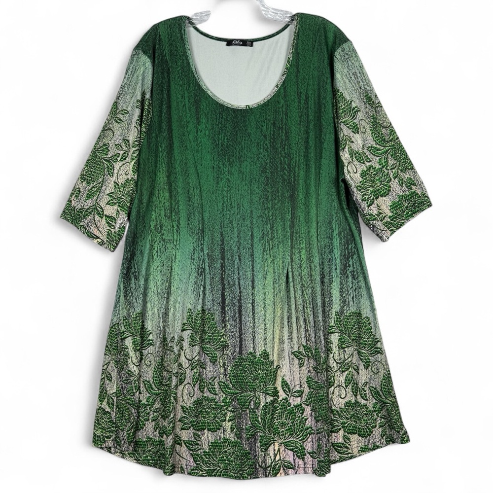 Lily by Firmiana Short Sleeve Tunic Dress Green Ombre Womens Size 2XL Stretch